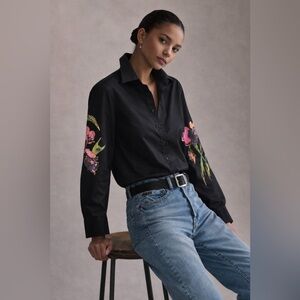 Ravel Black Long Sleeve Button Down Shirt Hand Painted Flowers On Sleeves XL